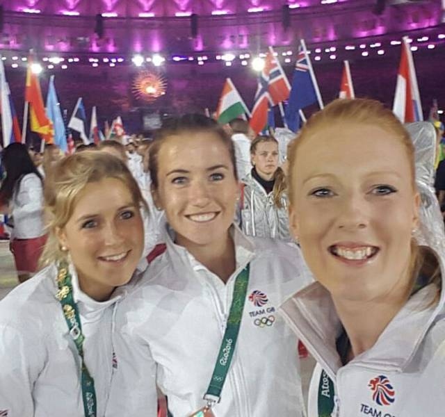 Nicola White, right, with her teammates Georgie Twigg and Maddie Hinch at the closing ceremony of the Rio Olympics