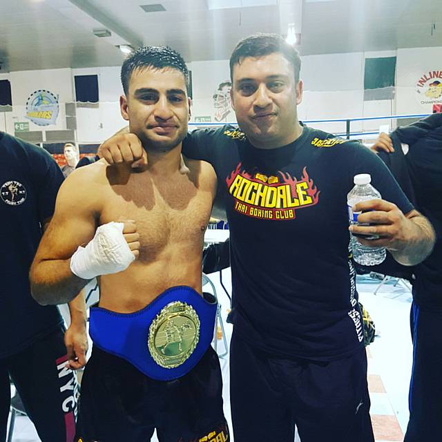 Adil Hussain crowned the AFK-1 British Champion with Shazad Hussain, Head coach of Rochdale Thai Boxing Club