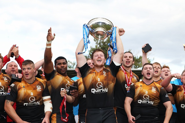 Rochdale Hornets celebrate a magnificent victory over Toulouse Olympique in the League One Promotion Final at Stade Ernest-Argelés in Blagnac, France