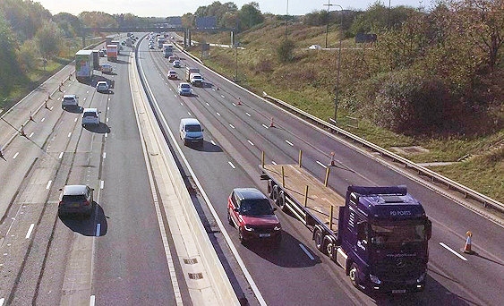 Narrow lanes on M62 motorway near Rochdale