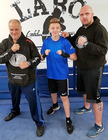 Coach Jeff Leach, Rhys Oldham and Head Coach Mark Oldham - Littleborough Boxing Club