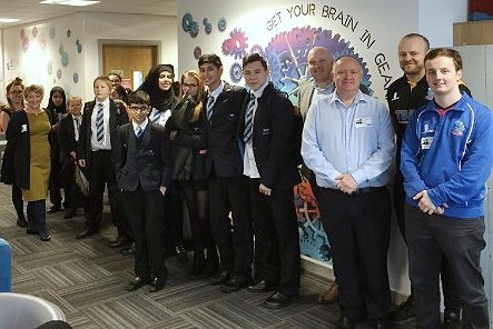 Students of Kingsway Park High School at the mentoring session with CEO Adam Bates, Chairman Mark Wynn, Head coach and community manager Alan Kilshaw and customer service apprentice James Cannings