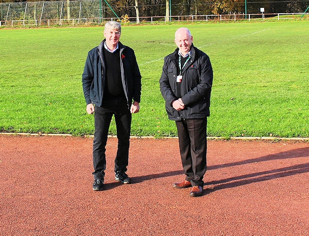 Ian Birchenough with Councillor Shaun O'Neill at Springfield Park running track