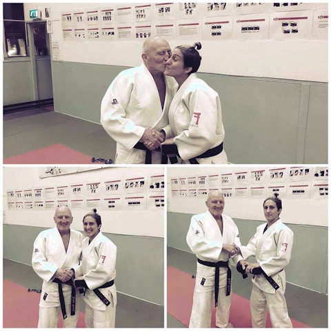 Sophie Cox receives her 5th Dan, from her coach and mentor Brian Moore (7th Dan) at Bacup Judo Club