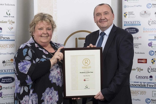 Employer of the Year winner Anglo Recycling, managing director Andy Hall with Alison Driver of sponsor Metis HR Ltd
