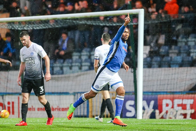 Rochdale v Peterborough United<br /> Calvin Andrew celebrates his goal