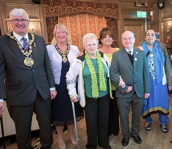 Mayor and Mayoress of Rochdale Ian and Christine Duckworth, Carer Ivy Portlock; Sandra Montgomery of Rochdale Carers' Hub; Counicllor Billy Sheerin; Carer Tahira Riaz 