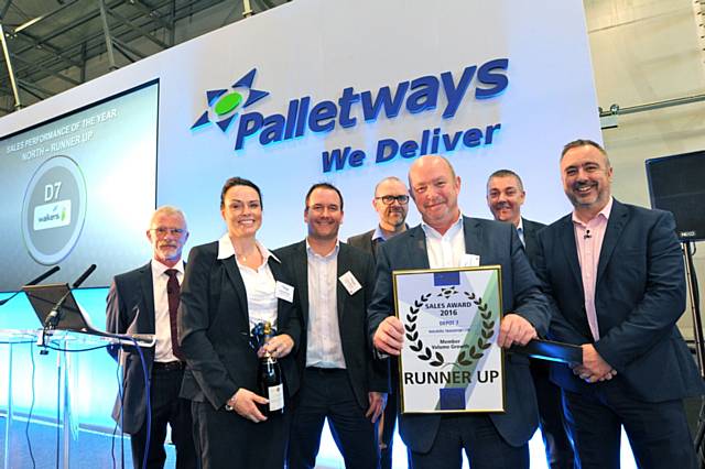 Palletways’ commercial director, Terry Morris, Joanne McCaster, Mark Fletcher, Lee Summers and Bryan Motteshead from Walkers Transport, Barry Byers, Palletways’ network director and Dave Walmsley, Palletways’ managing director