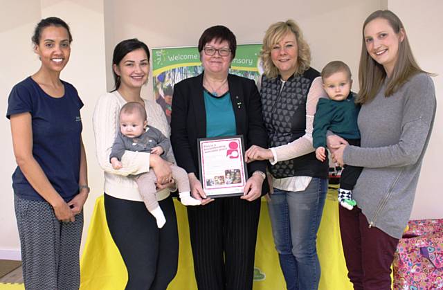 Kelly Trowers (Baby Sensory), Sheree Edwards and Annie-Mae Hughes, Councillor Janet Emsley, Julie Durrant (Littleborough Boxing Club), Trish and James Henstock