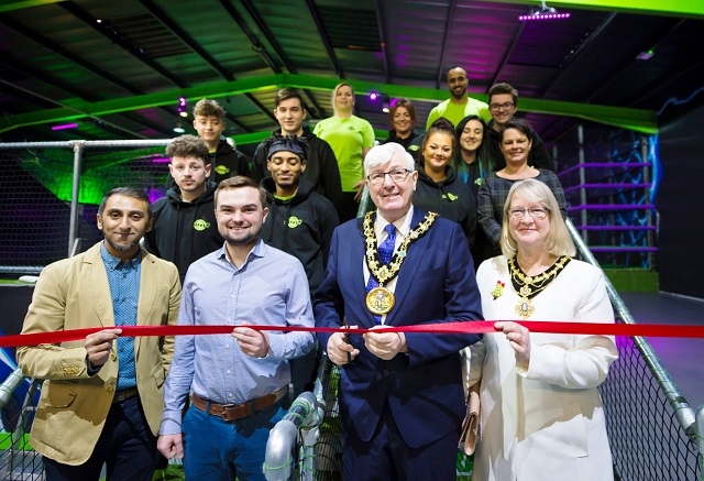 Imran Matadar, general manager with Cllr Danny Meredith, The Mayor, Ian Duckworth, Mayoress Christine Duckworth and the Flip Out team