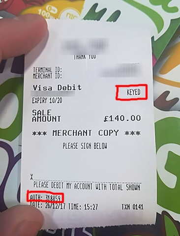 The card was authorised despite no pin being used due to 'customer not present' being keyed