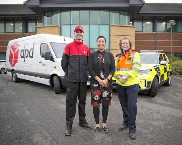 Finn Owens from DPD with Highways England customer service director Melanie Clarke and Highways England traffic officer Vicki Lawton who will be working on Christmas Day to keep traffic moving 