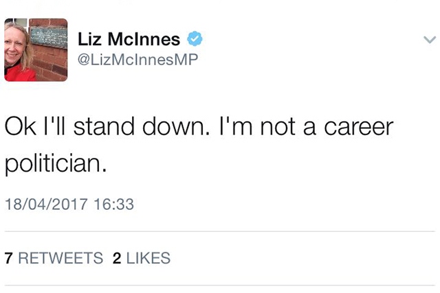 Liz McInnes tweets she is standing down
