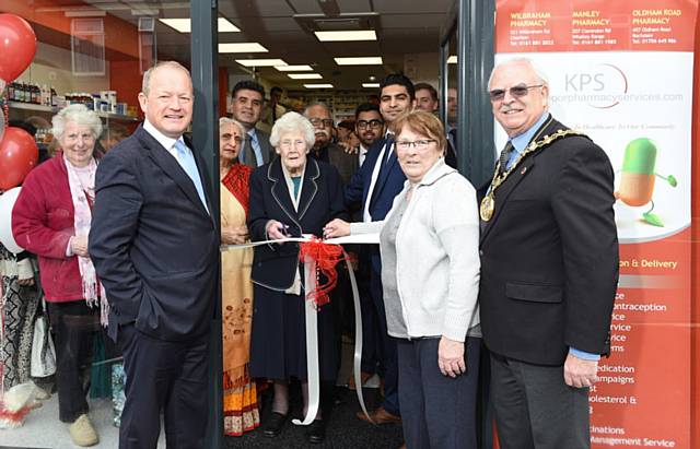 Oldham Road Pharmacy officially reopened by Mayor Ray Dutton, Simon Danczuk, Lynne Brosnan and 100-year-old Gladys Liddell