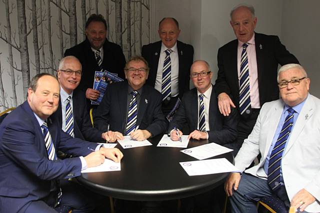 The Rochdale AFC Board of Directors pictures in 2017. From front left to right: David Bottomley, Andrew Kilpatrick, Russ Green, Chris Dunphy, John Smallwood, Paul Hazlehurst, Bill Goodwin, Andrew Kelly.