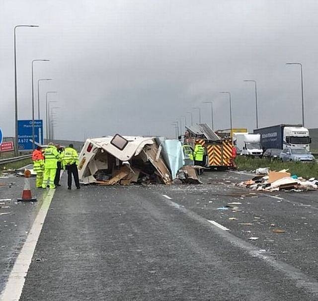 Debris scattered across the M62 westbound carriageway near junction 22
