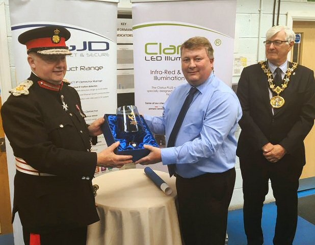 Warren J. Smith, HM Lord-Lieutenant of Greater Manchester presents the Queen’s Award for Enterprise, International Trade to Chris Moore, GJD’s Technical Director with The Mayor of Rochdale, Ian Duckworth 