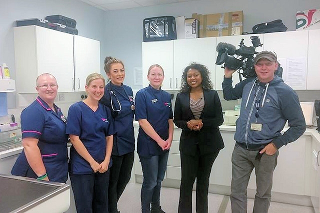 Vets4Pets staff Amy, Alex, Sonia and Ruth with BBC crews