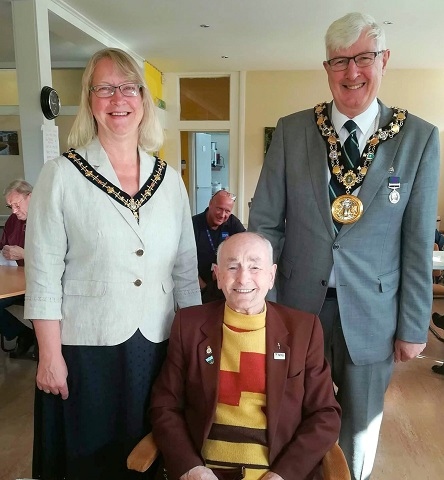 Mayor and Mayoress Ian and Christine Duckworth meet Second World War veteran Lewis Banham, 94, at The Sandbag Cafe