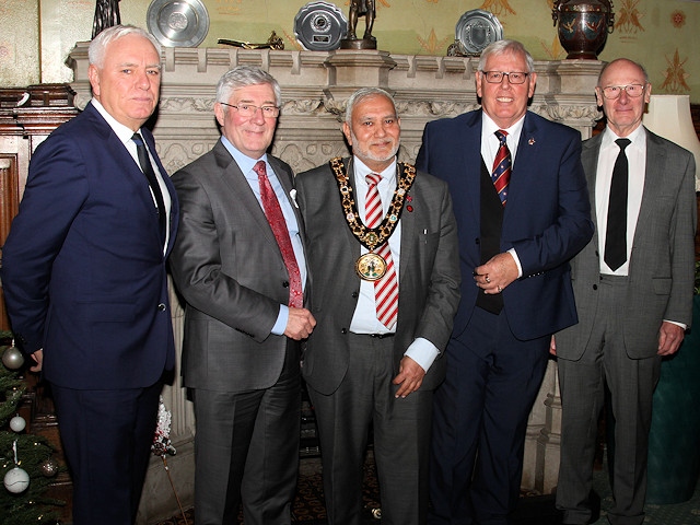 Dave Spikey, Tony Lloyd MP, Mayor Zaman, last year's winner, John Swinden and Jim Gartside