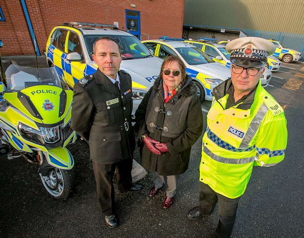 Ben Levy, GMFRS Group Manager, Elaine and  Sergeant John Brennan, GMP Road Policing Unit