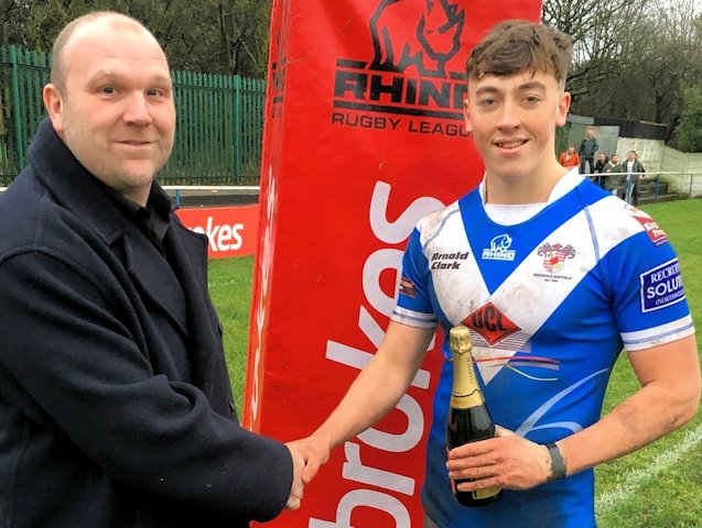 Mayfield's Matty Ashton being presented with the man-of-the-match award by the BBC’s Dave Woods