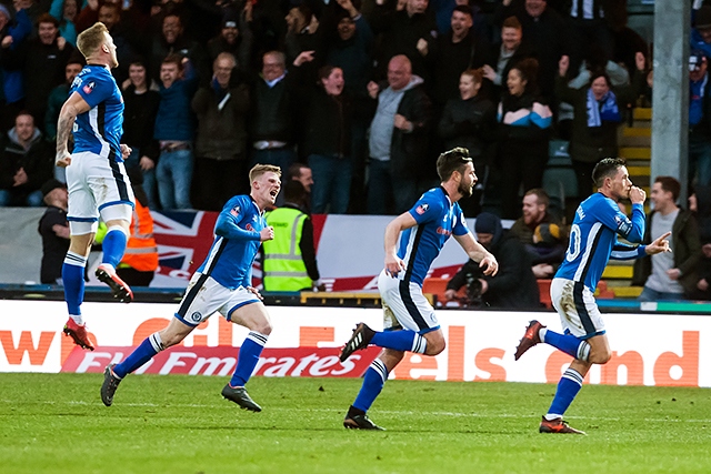 FA Cup Fifth Round: Rochdale v Tottenham Hotspur<br /> Rochdale players celebrate Ian Henderson's opening goal