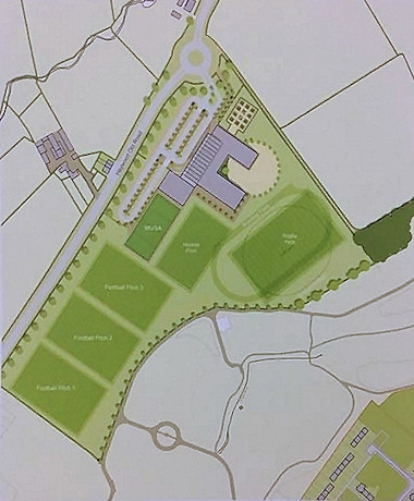The aerial plan of the school buildings, football pitches and parking
