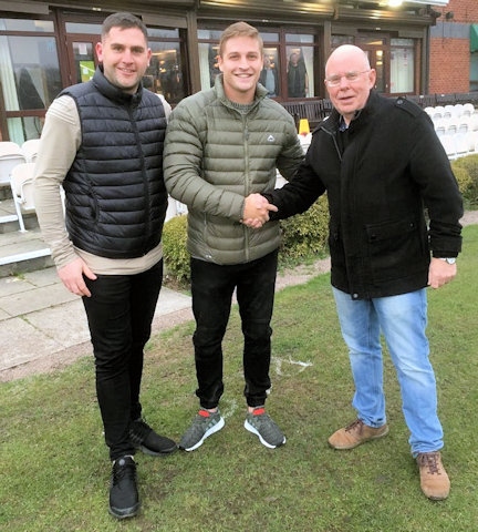 Rochdale Cricket President Alistair Bolingbroke and Captain Michael Harling welcome new professional Ed Moore to Rochdale