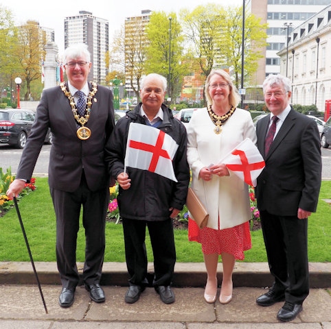 Mayor and Mayoress, Ian and Christine Duckworth, with Ghulam Rasul Shahzad OBE and Tony Lloyd MP at the Rochdale St George’s Day Flag raising