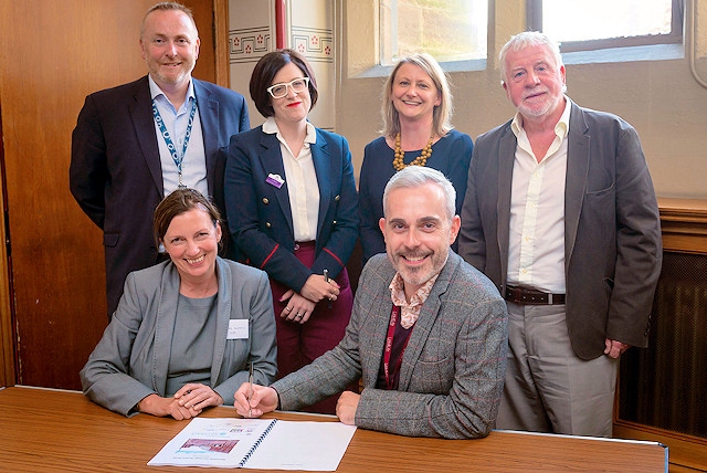L-R top: John Searle, director of economy, Rochdale Borough Council, Liz McIvor from the cooperative college, Catherine Dewar from Historic England and Allen Brett, leader of Rochdale Borough Council. 
L-R bottom: Clare Tostevin, from RBH and Darren Grice from Link4Life