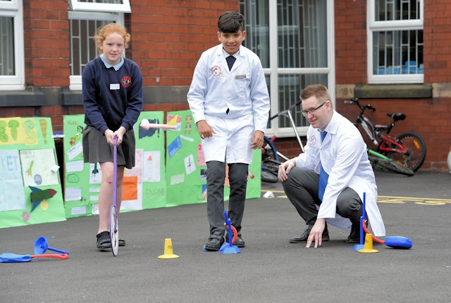 Pupils with Chris Lowe, Assistant Headteacher and Science Leader at Lowerplace Primary Schoo