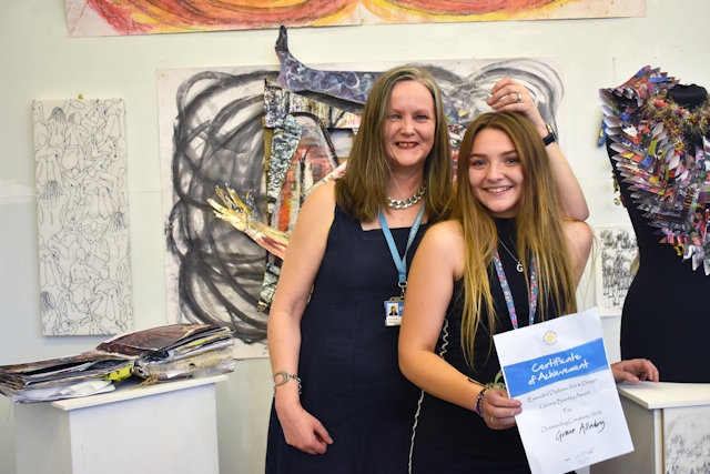 Grace Allaby winner of the Art & Design Glennis Brierley award with her tutor at the 2018 End of Year Arts Awards