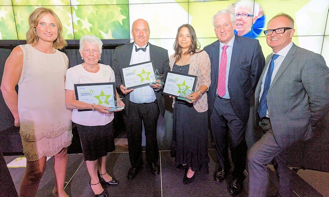 Outstanding Carer, left to right: Annabel Tiffin, Pauline Fardon, John Chiocchi, Elizabeth Stanley, Andrew Foster (Chief Executive of Wrightington, Wigan and Leigh NHS Foundation Trust) and Nick Speed, from Centrica, who sponsored this award
