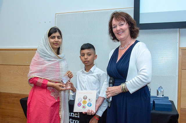 Mother Tongue Year 4, 5 and 6 winner Hussain Imran, centre, with Malala Yousafzai and Professor Sharon Handley, Pro-Vice-Chancellor for the Faculty of Arts and Humanities at Manchester Metropolitan University
