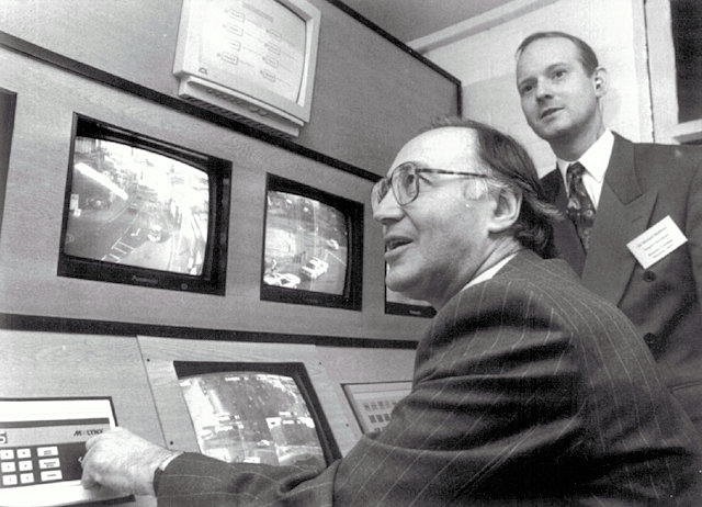Tory MP Michael Howard at Rochdale Exchange with Mike Matthews who was manager from 1996 until 1999 
