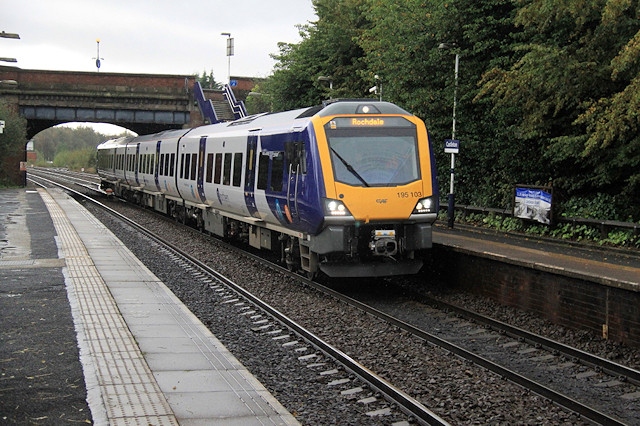Distinguished guests met at Manchester Victoria on 9 October for a return journey to Rochdale on one of the new trains, pictured here at Castleton
