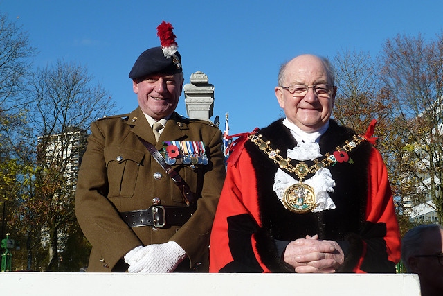 Mayor Billy Sheerin with Lieutenant Corporal David Cook (left) at Rochdale's Remembrance Sunday Service