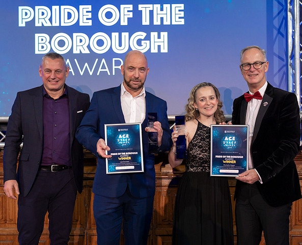 Lee Durrant and Michelle Hayes are presented with the Pride of the Borough Award by Andy King from Link4Life (left) alongside council chief executive Steve Rumbelow