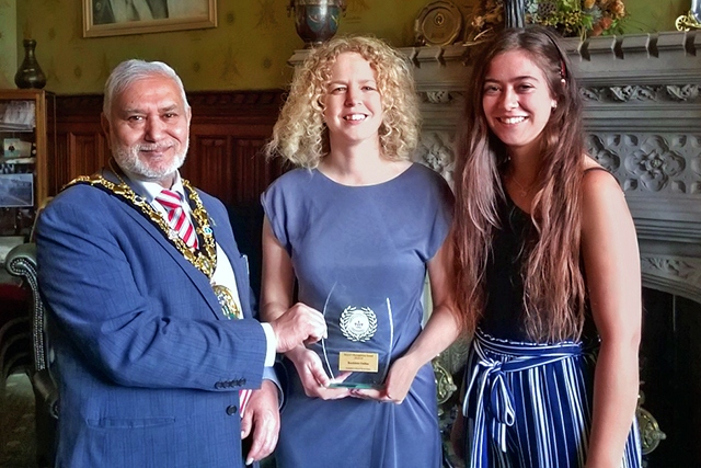 Mayor Mohammed Zaman with Claire Flett and Katie Davies from Rochdale Online