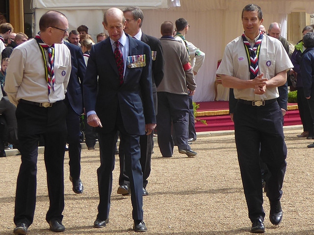 Prince Edward, the Duke of Kent and president of The Scout Association, Bear Grylls, Chief Scout of The Scout Association, and Chief Commissioner, Tim Kidd