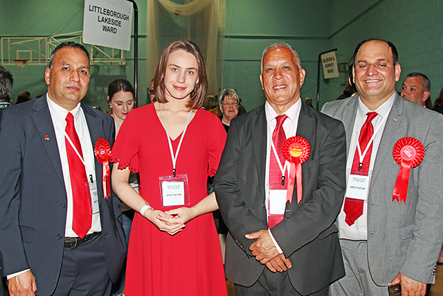 Elsie Wraight (second left) with her fellow Kingsway councillors, Shakil Ahmed (left) and Daalat Ali (second right) and a Labour supporter
