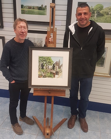 Geoff Butterworth (left) with the painting and Paul Ellison (right)