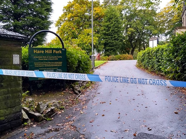 Police tape at Hare Hill Park the morning after the report