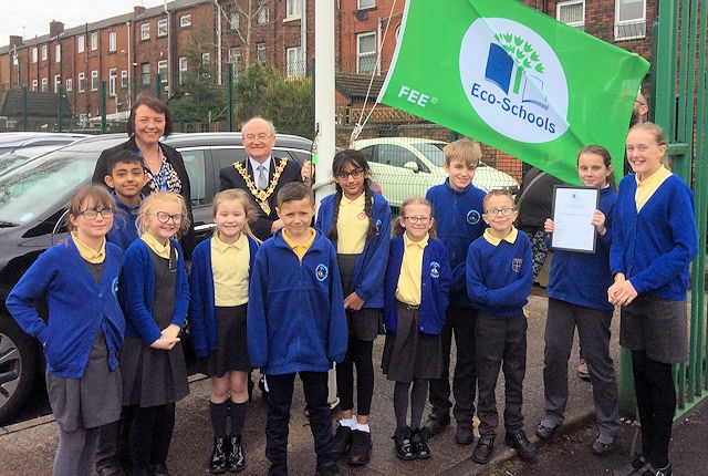 Mayor of Rochdale, Councillor Billy Sheerin, presented the Green Flag and certificate to the school
