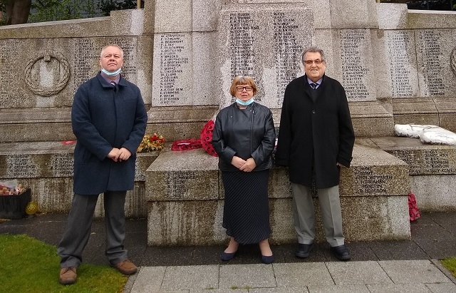 Council leader elect Neil Emmott with councillors Susan Emmott and Peter Rush at Heywood Cenotaph