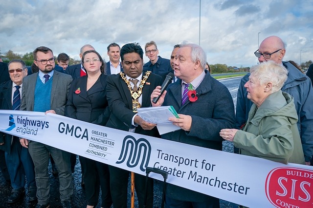 The mayor of Rochdale, Ali Ahmed and council leader Neil Emmott open the new South Heywood link road