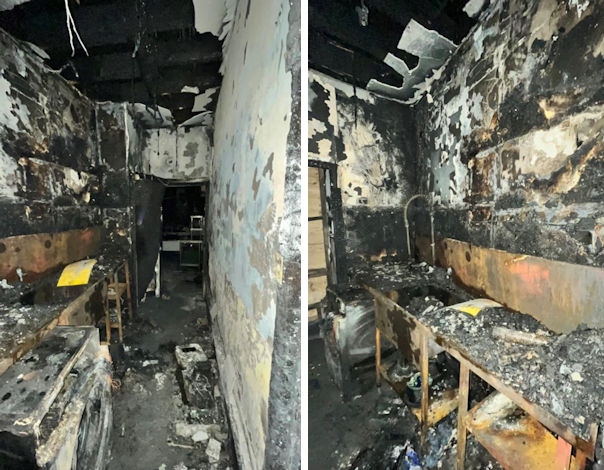 Some of the fire damage in the kitchen at the Waterside