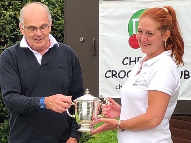 Anne Alvey receiving the All England Association croquet handicap trophy