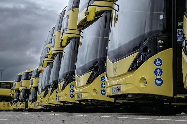 Zero Emission Bee Network buses lined up at a bus depot